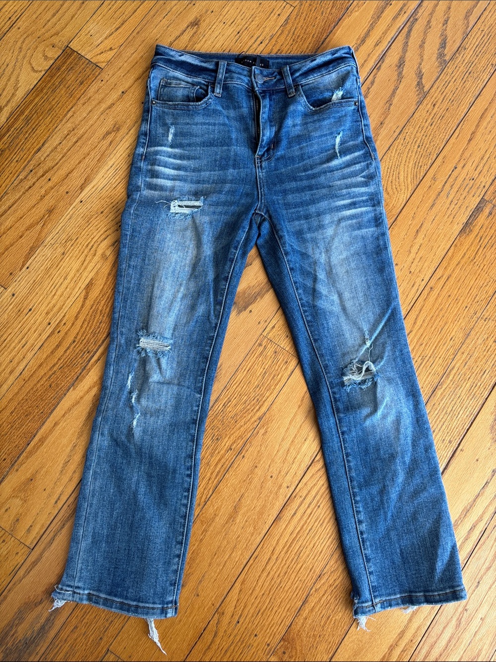 Risen Distressed Blue Straight-Leg High Rise Jeans